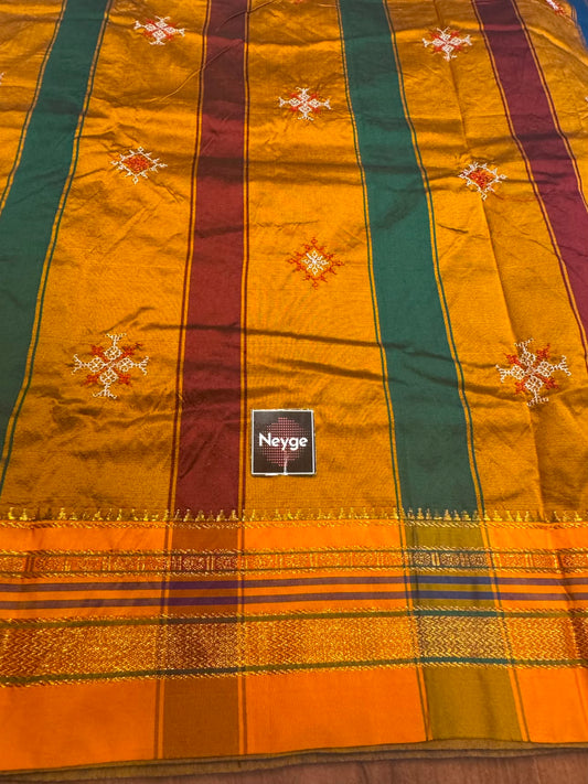Ilkal Cotton Silk Blend Dharwad Kasuti Handwoven Traditional Border Stripe Pallu Saree - Ananda