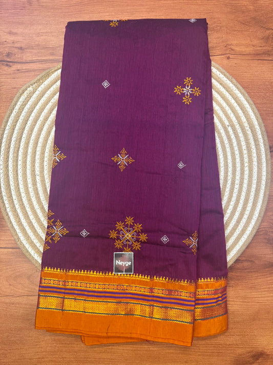 Ilkal Cotton Silk Blend Dharwad Kasuti Handwoven Traditional Border Stripe Pallu Saree - Purple