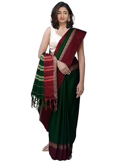 Neyge Traditional Pure Cotton Narayanpet Saree With Elephant Motif Border Stripe Pallu Saree - Green