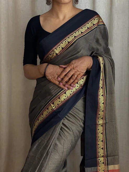 Neyge Traditional Pure Cotton Narayanpet Saree With Elephant Motif Border Stripe Pallu Saree -Grey